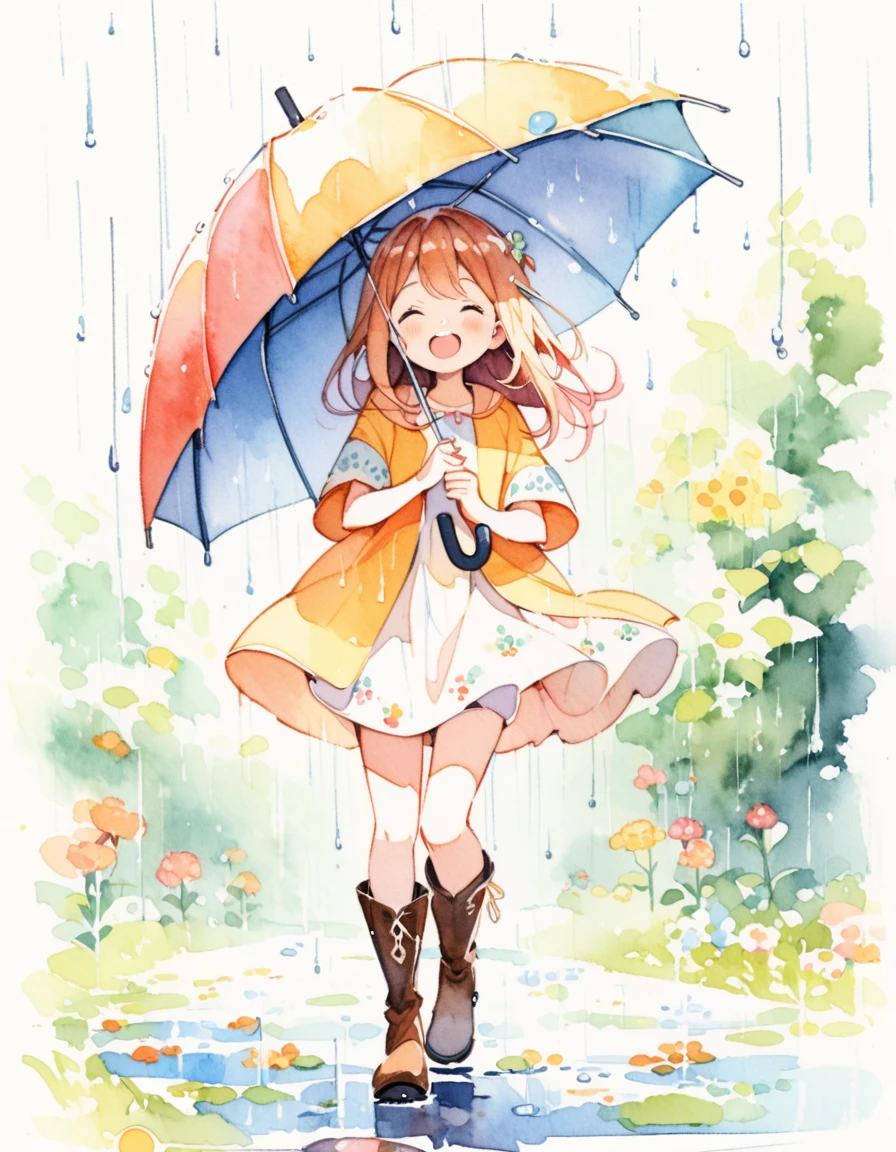 Beautiful girl with umbrella, Girl having fun in the rain, ((Put on your boots)), sing, content:watercolor. style:Whimsical and delicate, Like a children's illustration'Books.