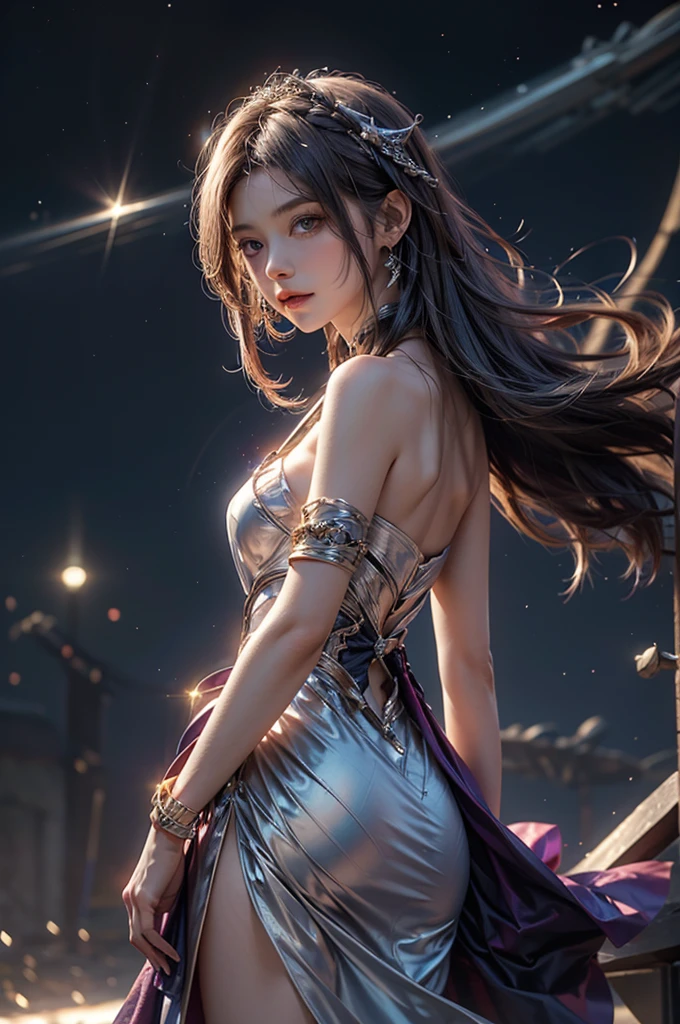 (masterpiece:1.5, Highest quality, Very detailed、 Dutch Angle、Realistic、Fantasy)(One girl, alone)(White and beautiful hair:1.4,,Straight Long Hair)(White based dress, tightedium breasts))((from diagonally forward))Butt(Beautiful starry sky、Mystical Night、Particles of light float around the woman、Fantasyな空間)Kiana Kaslana
