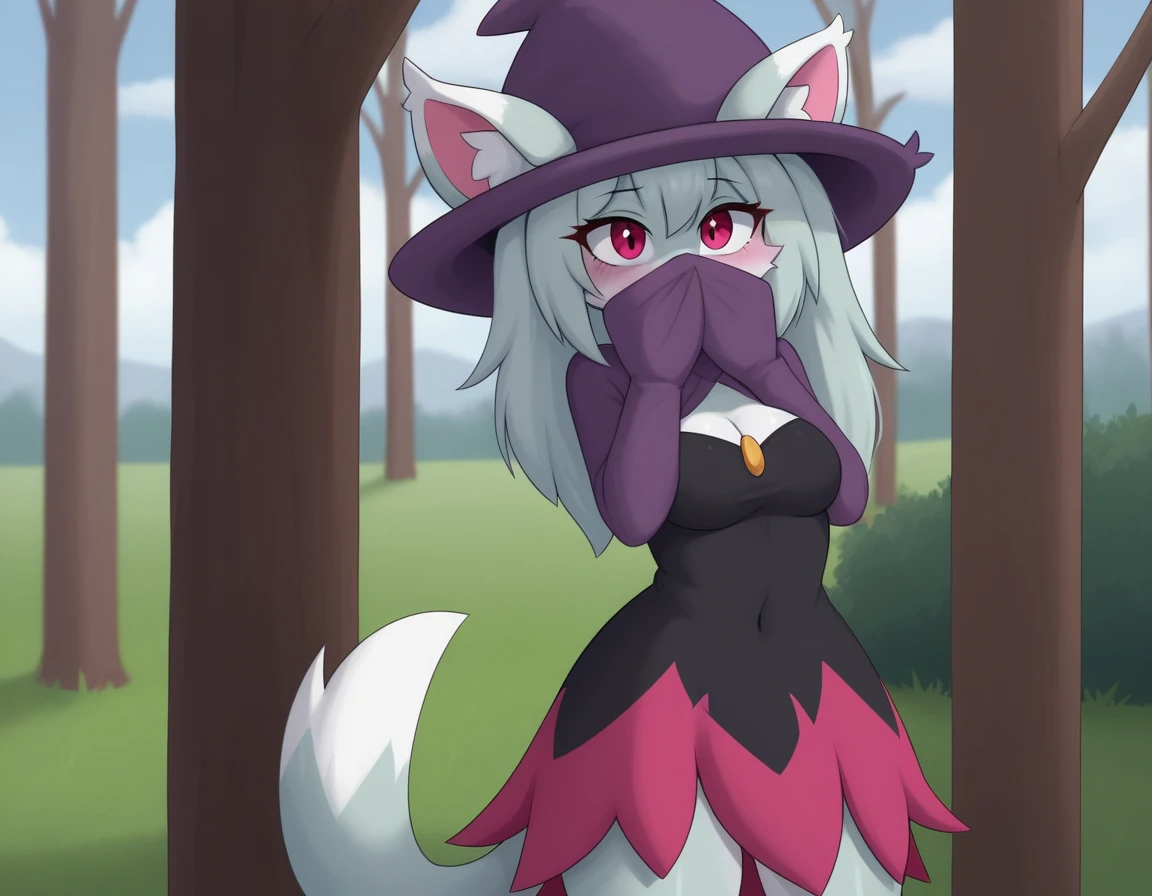 Katress, Anthro feline, hat, covered mouth, dress, outdoors