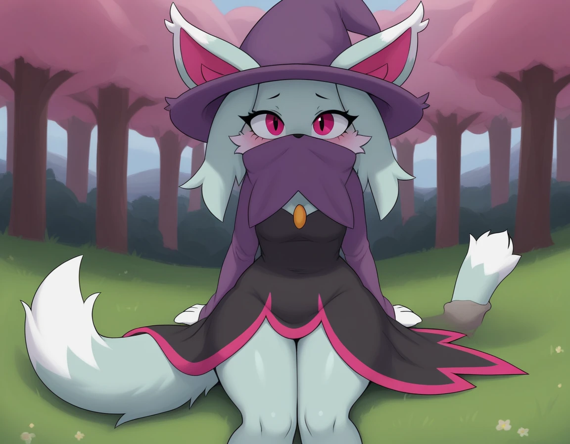 Katress, Anthro feline, hat, covered mouth, dress, outdoors