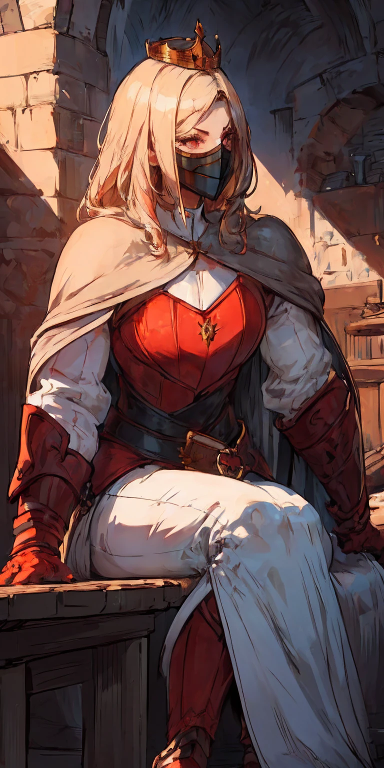 (masterpiece, best quality, absurdness, 4k, aesthetic, detailed, intricate, perfect lighting) cinematic angle, 1sologirl, sitting on throne, elbow rest, castle interior, mask, hood, cape, belt, armor, cloak, red gloves gauntlets, bkcrown