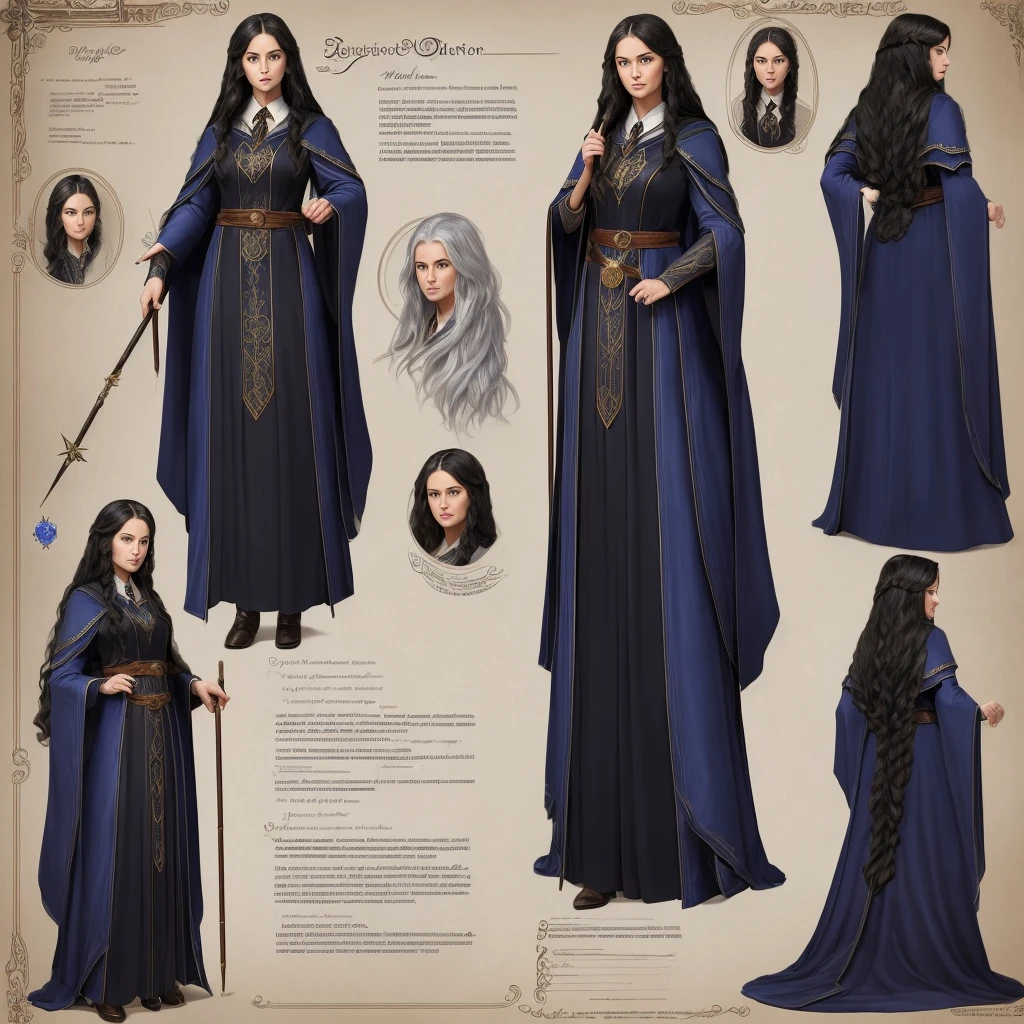 (((highest quality))),masterpiece,1 woman,((the perfect person)),((Super beautiful woman)),detailed perfect face, woman with blue wizard robes, long black hair, and a wood magic wand. conservative outfit, older wise woman, character design sheet, full bodyesbian, Full of details, frontal body view, back body view, Highly detailed, Depth, Many parts, harry potter