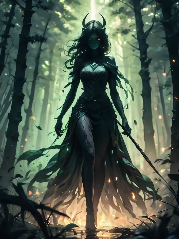 super closeup portrait. Silhouettes of dark ghostly woman. Perfect hands, capture the essence of nature's mystical beings, armed with elf spear. She stands ready to fight intruders. Glowing eyes. Glowing spear. Forest color palette. Nudity. Realistic. DEVIL SPAWN