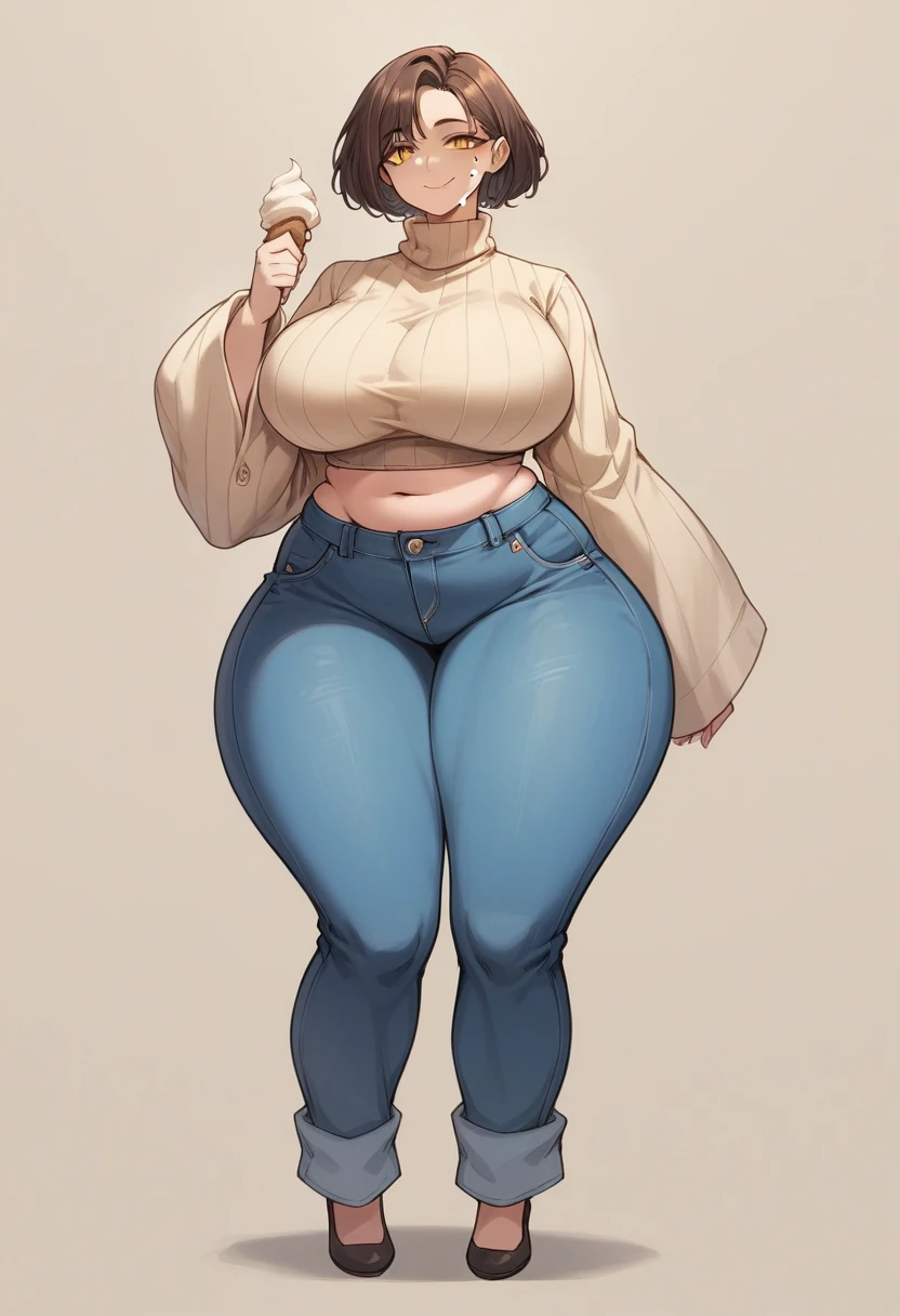 an adult woman, She has a robust and curvy build... Your hips, stomach and bust are pronounced..., which gives you an hourglass figure, some wrinkles on the face..., short brown hair, yellow eyes, a mole on the cheek, closed smile, big breasts, Wide hips, thick thighs, rolls, large beige turtleneck sweater, big sleeves, blue wide jeans, baggy clothes, full body view, Alone, cream colored background, standing