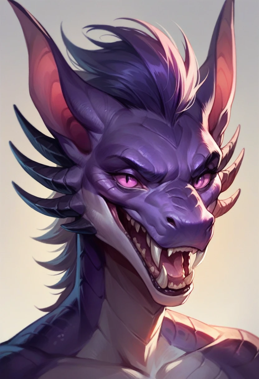 dark purple realistic dragon with big fangs