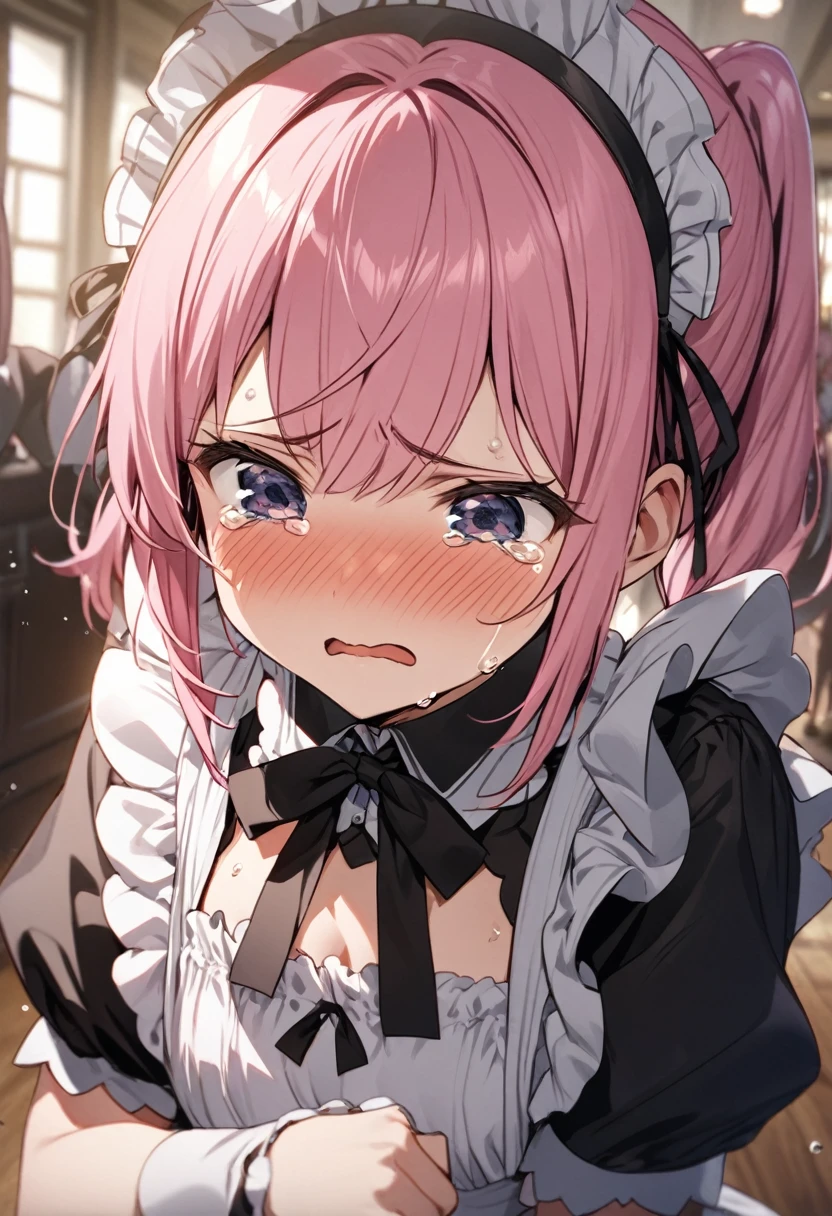 Depressing、Pink Hair Woman、tears、(Best image quality),(Hair is pink、Drill Twin、Maid clothes）,(Master&#39;s Work),(Super detailed),(詳細なeyeの描写:1.0),(Lens flare:1.0),(Movie Posters:1.0),(Tarot Border:1.0),Portraitureは中央に配置されます,(close:1.0),(nagative space:0.8),(Negative space:1.6),(alone),(colorfulに浮かぶ {Wind|Water magic|ink|crystallizations|ice|fire|inflammation|lightning|web|rock|sand|particle|光のfire花|Blood}:1.0),(colorfulなものが多い {Soap bubble|cloud|Thorn|spike|Grapevine|current|spiral|barely|wing|Tattoo|Cube|octahedron}:1.0),(floating {red|green|green|Aqua|purple|yellow|black|white|gray|Pink|orange|lime} {ribbon|Fater|particle|blade|water滴|Snow Flower|soft ball}:1.0),({crystallization|ice|fire|inflammation|Wind|water|Earth|stone|space|musical|Sonic|Vortex} {magic|wing}:1.0), ({Ray Tracing,Shine|Speckled sunlight,light,Caustics|night,Black Theme|mysterious,Creepy|easy going,pastel}:1.2), ({colorful|Sparkling|Multicolor}:1.0),(Beautiful sparkle:1.0),({Leaning forward|Lean back|Tilt to the side|}:1.2),{(smile:1.0)|(False Smile:1.0)|(Stern expression:1.0)},({small|small||lips,eyelash}:1.0),{(Open your mouth:1.0)|(Mouth closed:1.0)|},({eyelash|eye shadow||}),{片eyeを閉じて|||},(),({From below|From above|From the side From the side|From behind|Face-to-face viewer}:1.3),(Hello:1.3),(Tilt your head:1.0),(Dynamic pose:1.1),,({red|green|green|Aqua|purple|yellow|black|white|gray|Pink|orange|lime} {armor|dress|Collared shirt|suit|Costume}:1.0),({formal|army|Techwear|Urban style|casual,casual clothes|Fantasy,Magister|wild,Tribe|sf,Futuristic}),({Checked skirt|Layered skirt|Fluffy dresses|tights|pants|Shorts}),({red|green|green|Aqua|purple|yellow|black|white|gray|Pink|orange|lime} {eye|eye|student}:1.4),,,,{Length jacket|Blazer jacket|Cape|sweater|tie||},{(Floating Cape:1.0),|}({Fox Ears, Fox Girl|吸Blood鬼, Bat Wings|Pointed Ears,(Fairy:0.5)||}:1.1),({Abstract background|city,Skyscraper|forest,garden|city|shrine|cave,underground|Swamp|lake|winter|Alien planets|}:1.4),({indoor,internal|屋outside,outside}:1.1),,({Sitting|flight|Jump|lay|Are standing|Are standing on one leg}:1.1),({Skin of color|white skin|green skin|greenwhiteい肌|By thing|Shiny skin|blackい肌||}:1.1),({Full Body Lesbian|Upper Body|Portraiture|}:1.25),{tooth, 皮のtooth|Tongue Stock|Frowning|lipsを噛む|Thinking|||||}, {虚ろなeye| student in symbol shapes, Heart-shaped student| Slit pupil, + +|||||}, (pink hair, twin tails twin drill, show your forehead, blue eyes, White frilled white headband, slanted eyes, smile, long sideburns, curled bangs, neck ribbon, Forehead, amount),
