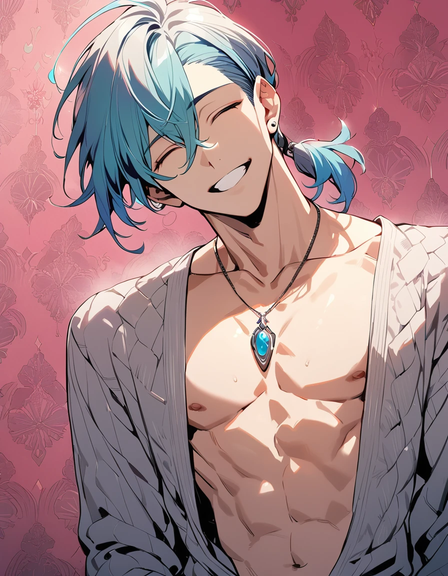 ((((best masterpiece, best quality, wallpaper,)))) solo, guy, male body, small muscles, flat chest, 1male, 30 years old, handsome man, upper body, looking at viewers, beautiful detailed, seductive smile, mediumturquoise hair, ((((Lower short ponytail)))), asymmetrical bangs, ((short hair,)) (((light smile, closed eyes, tareme, droopy eyes,))) (((perfect face,))) perfect hands, sharp nose, clear face, black turtleneck, grey cardigan, ((silver piercing, pendant,)) leggings, pink background color ultrasharp, 8K, masterpiece,