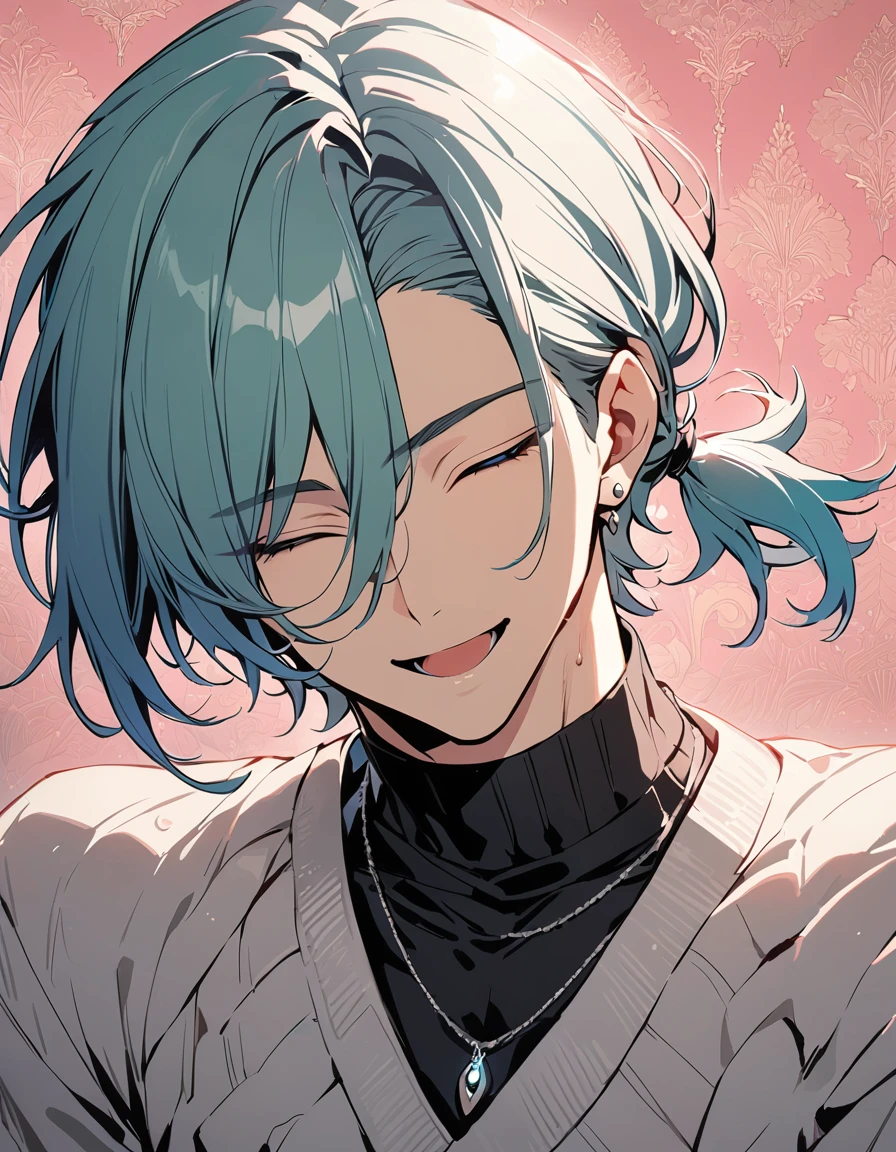 ((((best masterpiece, best quality, wallpaper,)))) solo, guy, male body, small muscles, flat chest, 1male, 30 years old, handsome man, dramatic angle, upper body, looking at viewers, beautiful detailed, seductive smile, mediumturquoise hair, ((((Lower short ponytail)))), asymmetrical bangs, ((short hair,)) (((  closed eyes, ^o^, tareme, droopy eyes,))) (((perfect face, extremely detailed eyes,))) perfect hands, sharp nose, clear face, black turtleneck, grey cardigan, ((silver piercing, pendant,)) leggings, pink background color ultrasharp, 8K, masterpiece,