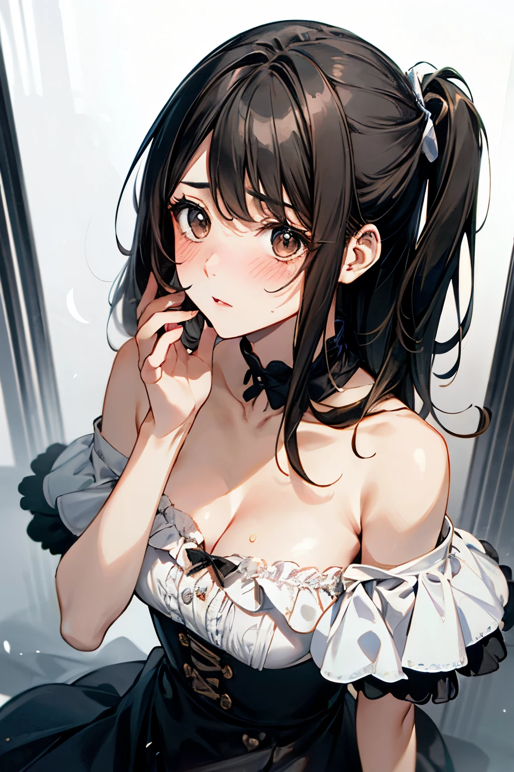 Pale beautiful young woman、Interesting and beautiful、Slim and angular face、Pointy chin、Feminine and big eyes、Real、Very detailed、Large and emphasized breasts、contrast、Textured skin、 Cold skin pores、Perfect Face、blush、Tall small nose、45 degree angle、Long, shiny black hair、Light brown eyes、Sweet perfume、A sense of dynamism、Thrilling、Soft breasts、Off the shoulder、Glossy clothing、Skirt with ruffles、Two Side Up