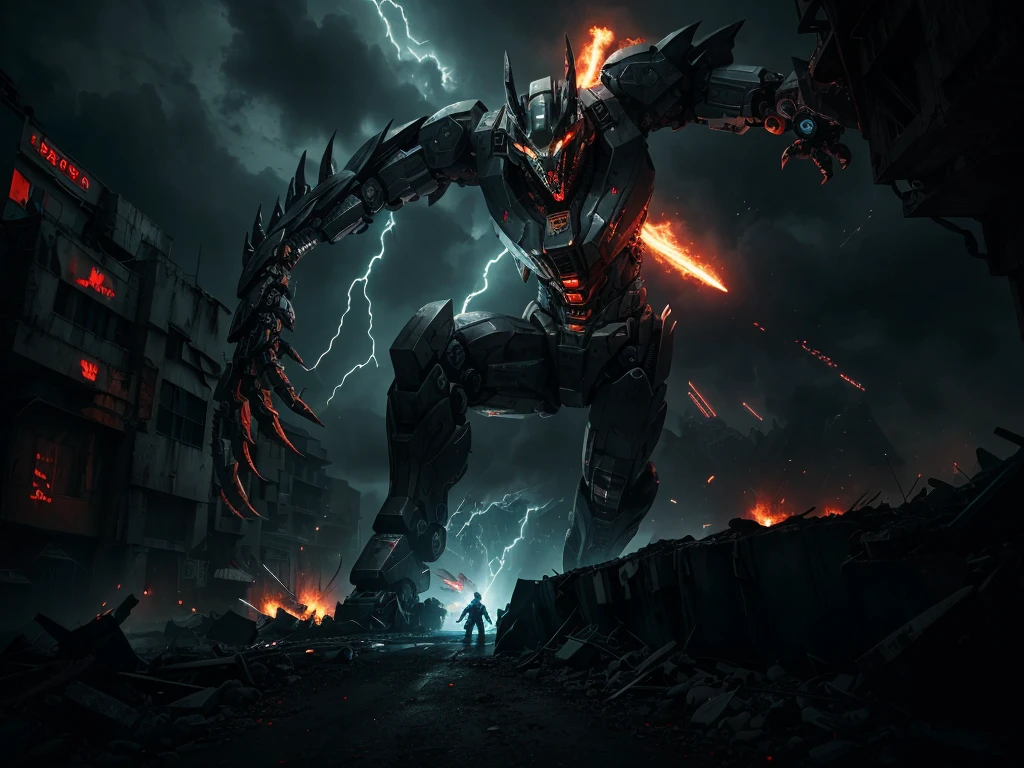 a giant robot battling a huge kaiju, cinematic lighting, dramatic composition, highly detailed mecha design, extremely detailed mechanical parts, complex machinery, advanced technology, intense action, dynamic poses, powerful energy effects, glowing neon details, moody atmosphere, dark and gritty, cinematic camera angle, epic scale, intense battle, muscular and imposing kaiju, terrifying monster design, detailed skin texture, massive claws and teeth, dark color palette, chiaroscuro lighting, moody and ominous, photorealistic, 8k, best quality, ultra-detailed