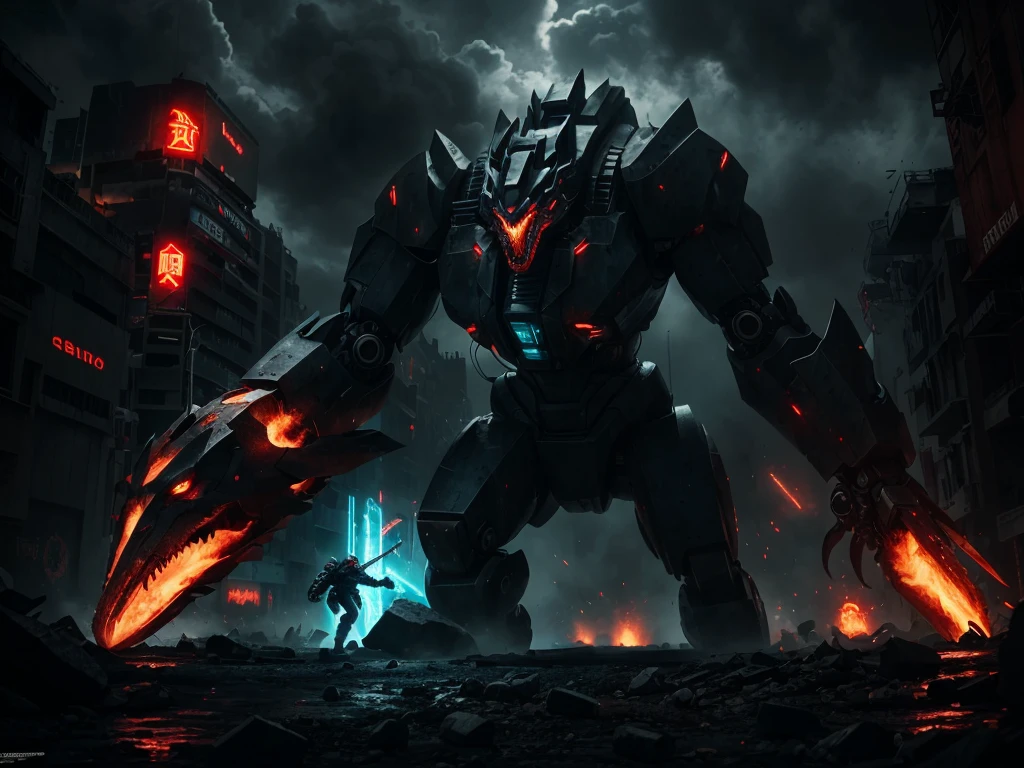 a giant robot battling a huge kaiju, cinematic lighting, dramatic composition, highly detailed mecha design, extremely detailed mechanical parts, complex machinery, advanced technology, intense action, dynamic poses, powerful energy effects, glowing neon details, moody atmosphere, dark and gritty, cinematic camera angle, epic scale, intense battle, muscular and imposing kaiju, terrifying monster design, detailed skin texture, massive claws and teeth, dark color palette, chiaroscuro lighting, moody and ominous, photorealistic, 8k, best quality, ultra-detailed