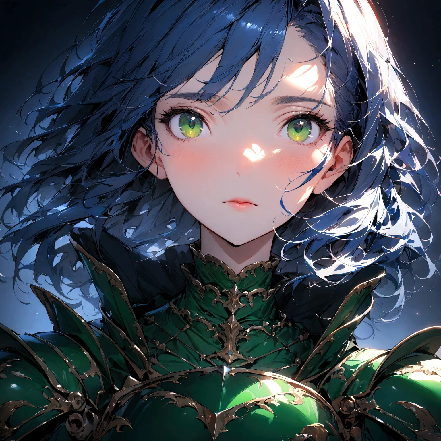 ((masterpiece:1.2, best quality)), (close-up:1.2), (head-shot:1.36), ultra detailed, Ultra-precise depiction, Ultra-detailed depiction, dramatic lighting, 1girl, solo, blue hair, shiny green eyes, flat expression, knight armor