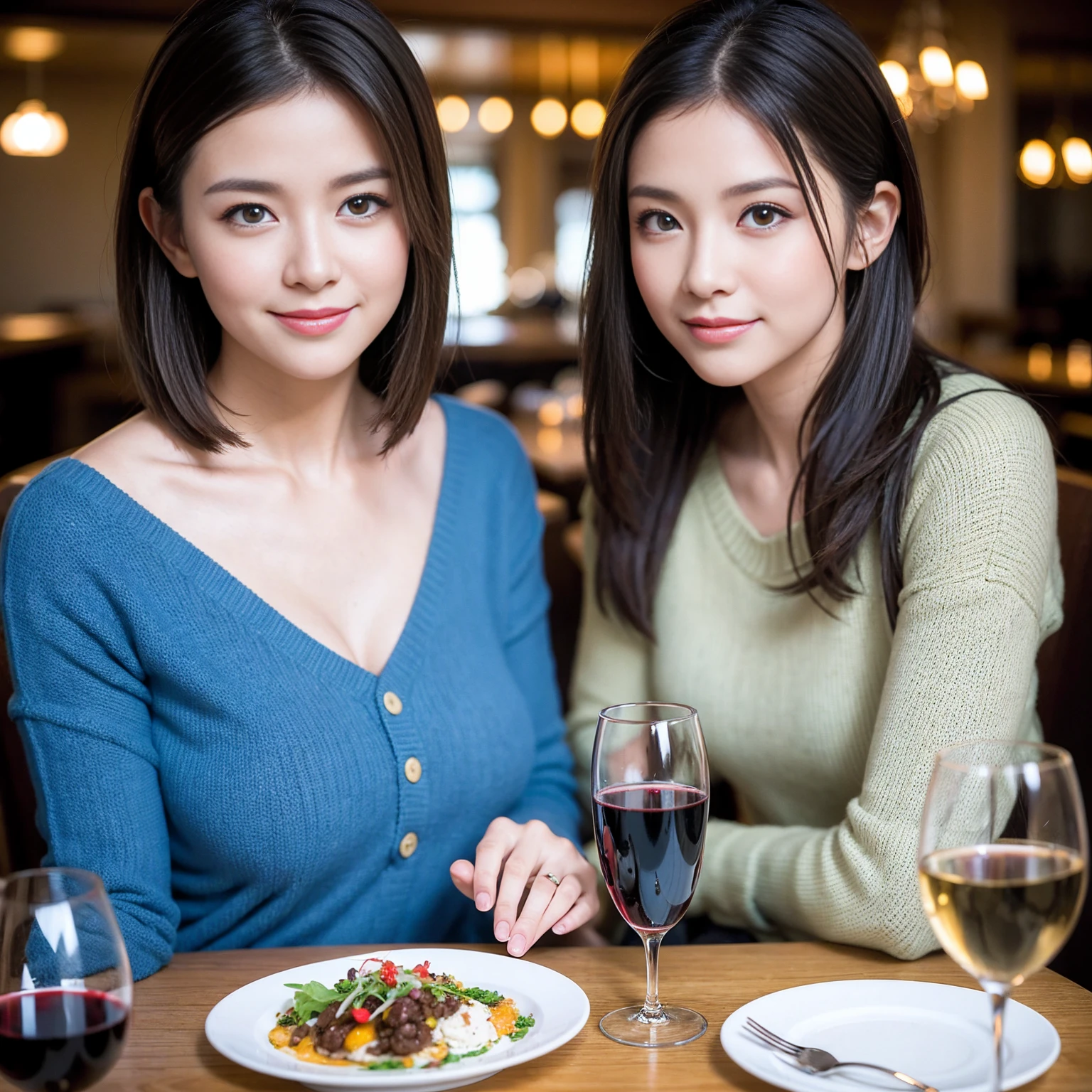 ((Highest quality、8K、masterpiece:1.3))、slimカップル、modelカップル、(Realistic, Intricate details:1.2), full-course dinner、Wine Party、Amazing view of the sunset sky and clouds、A bright smile、The wonderfulness of smile、Bright image、The beauty of wine, Beautiful Face, blue eyes, The light shines on your face, Blushing, short hair,Bright Face、 (Age 37), 39 years old, red wine 、Appetizers、Italian food、Wine bottle、Champagne、sparkling wine、Two beauties、Brown Hair、Shortcuts、Long sleeve shirt、dress、Beautiful woman 1, (slimな顔), (The body is slim), (Brown Hair), (Shortcuts), cheeks turn a little red,Attractive beauty、restaurant, In a prominent place (From the waist up) Nova Frog Style, actress, model, Upper Body, White wine, slim, wine glass, 中央に置かれたwine glass, smile, (smile: 1.15), Beautiful fine grain, Depth f/2,saturation, High Contrast, Strong light and shadow,Moist Body:1.5、3D texture、Delicate eyes、Brown Hair、The hair is very shiny、