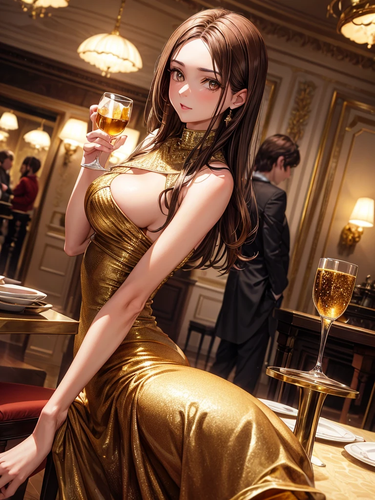 an adult woman, hip length brown hair, Brown eyes, in an expensive dinner setting, short gold dress with diamonds