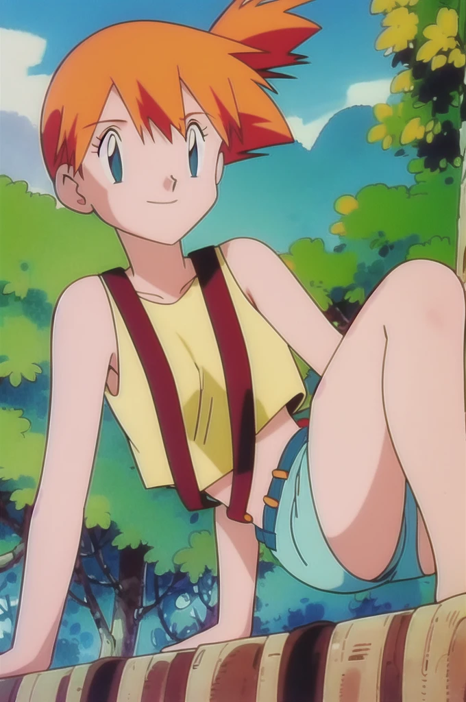 misty (pokemon), 1girl, solo, yellow shirt, sleeveless shirt, suspenders, denim shorts, outdoors,smile,looking at viewer