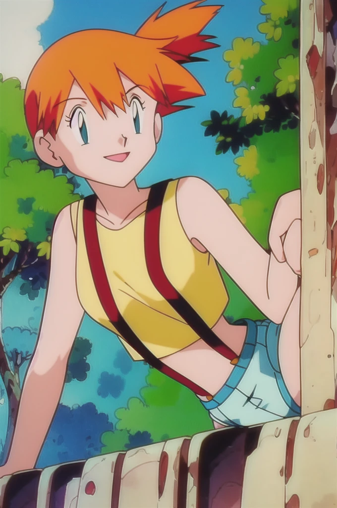 misty (pokemon), 1girl, solo, yellow shirt, sleeveless shirt, suspenders, denim shorts, outdoors,smile,looking at viewer