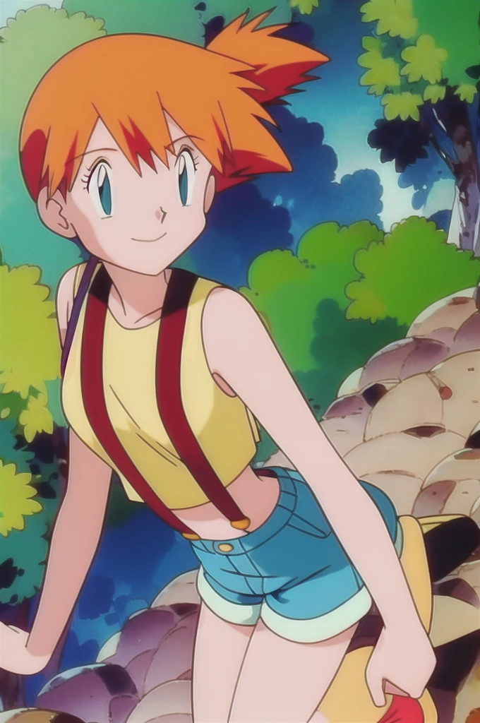 misty (pokemon), 1girl, solo, yellow shirt, sleeveless shirt, suspenders, denim shorts, outdoors,smile,looking at viewer