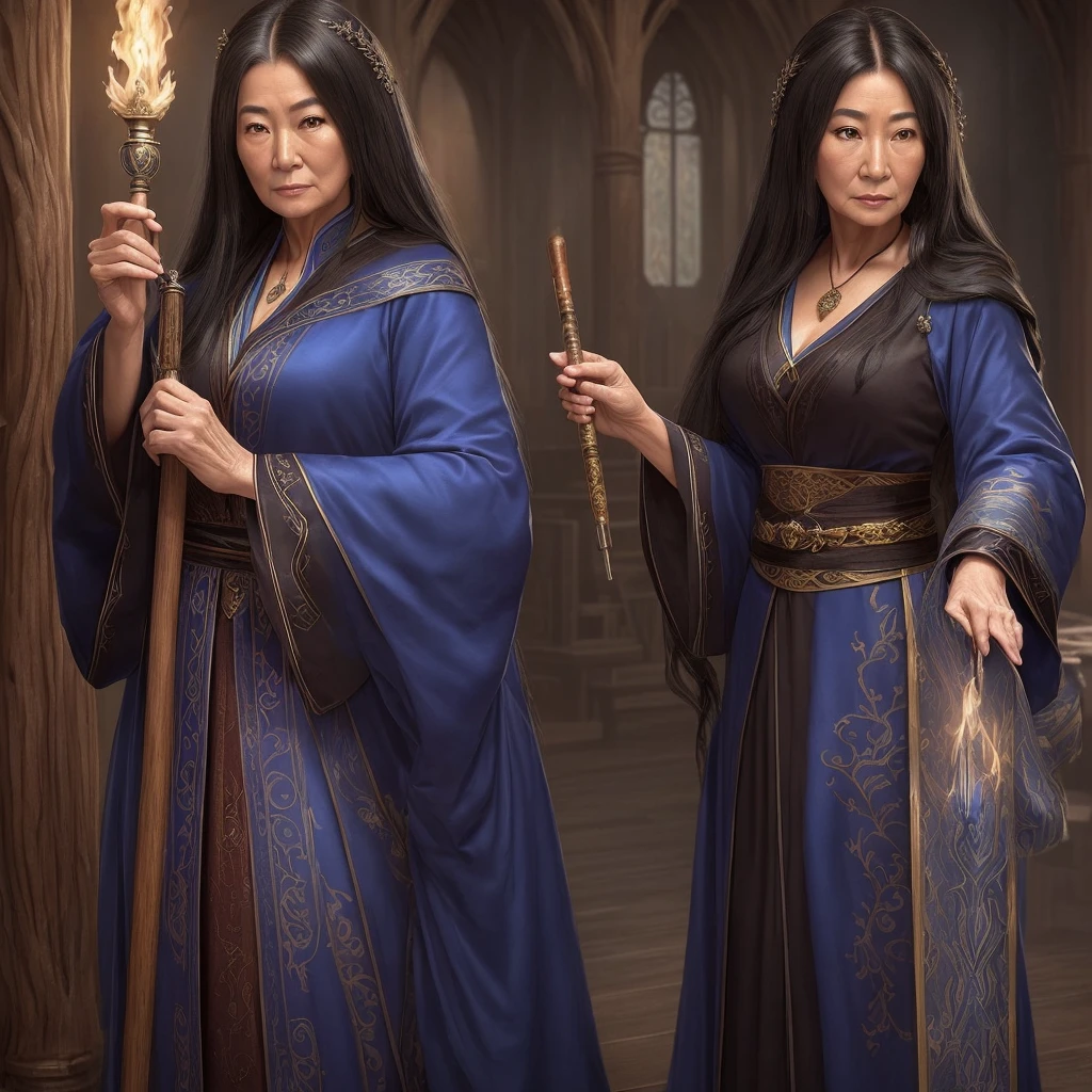 (((highest quality))),masterpiece,1 woman,((the perfect person)),((Super beautiful woman)),detailed perfect face, older asian woman with blue wizard robes, long black hair, and a wood magic wand. conservative outfit, older wise woman, character design, full bodyesbian, Full of details, frontal body view, back body view, Highly detailed, Depth, Many parts, harry potter