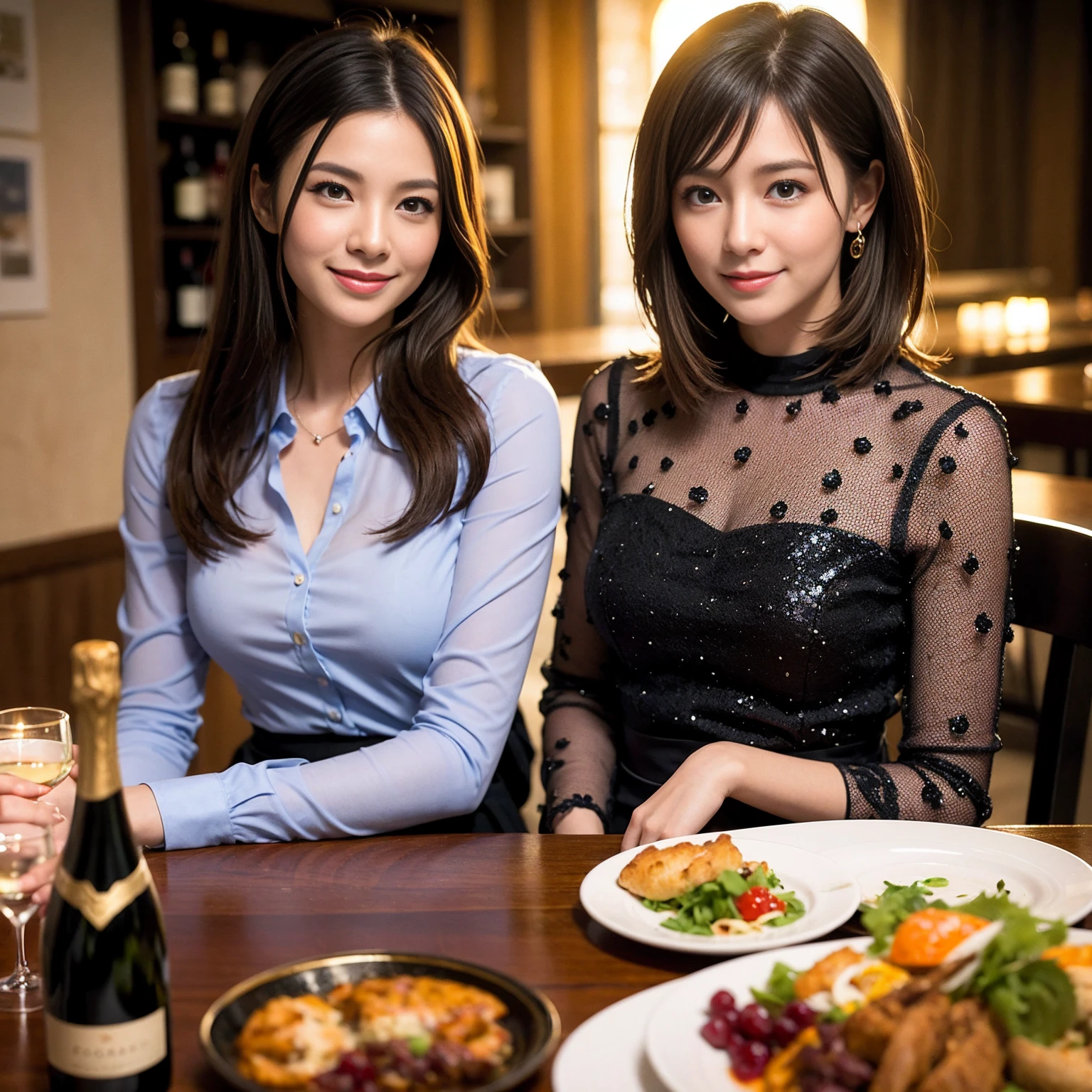 ((Highest quality、8K、masterpiece:1.3))、slimカップル、modelカップル、(Realistic, Intricate details:1.2), full-course dinner、Wine Party、Amazing view of the sunset sky and clouds、A bright smile、The wonderfulness of smile、Bright image、The beauty of wine, Beautiful Face, blue eyes, The light shines on your face, Blushing, short hair,Bright Face、 (Age 37), 39 years old, red wine 、Appetizers、Italian food、Wine bottle、Champagne、sparkling wine、Two beauties、Brown Hair、Shortcuts、Long sleeve shirt、dress、Beautiful woman 1, (slimな顔), (The body is slim), (Brown Hair), (Shortcuts), cheeks turn a little red,Attractive beauty、restaurant, In a prominent place (From the waist up) Nova Frog Style, actress, model, Upper Body, White wine, slim, wine glass, 中央に置かれたwine glass, smile, (smile: 1.15), Beautiful fine grain, Depth f/2,saturation, High Contrast, Strong light and shadow,Moist Body:1.5、3D texture、Delicate eyes、Brown Hair、The hair is very shiny、