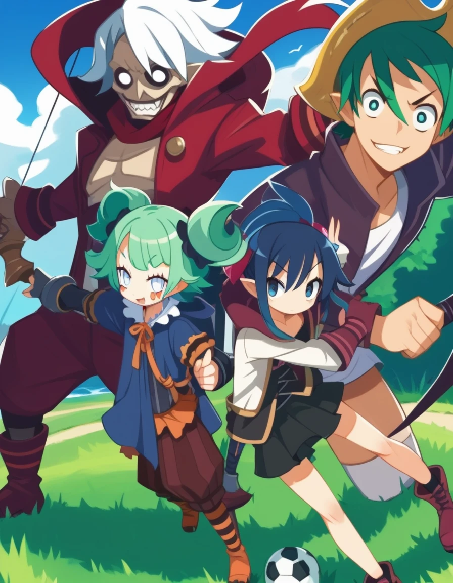 Group photo. (girl dressed in red, shorts and boots, bow and arrow, hood and a mask). (space pirate girl with green hair with black skirt and stockings). (athletic boy with green hair and soccer costume). (demon boy with white hair, white eyes and pirate outfit). (girl with white hair, oversized t-shirt, white legs, boots and clown makeup). (boy with long blue hair and warrior clothing).