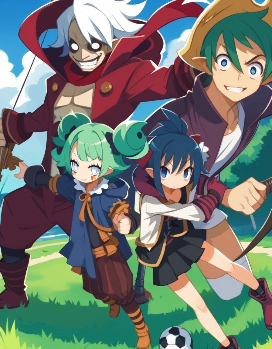 Group photo. (girl dressed in red, shorts and boots, bow and arrow, hood and a mask). (space pirate girl with green hair with black skirt and stockings). (athletic boy with green hair and soccer costume). (demon boy with white hair, white eyes and pirate outfit). (girl with white hair, oversized t-shirt, white legs, boots and clown makeup). (boy with long blue hair and warrior clothing).