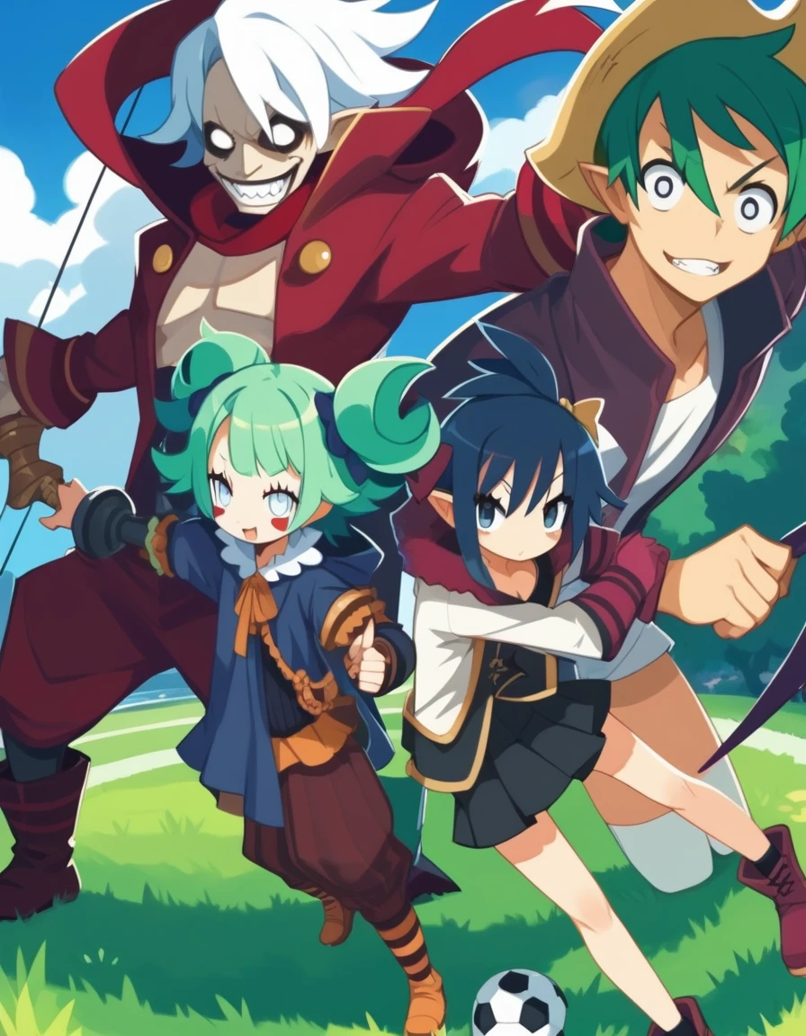 Group photo. (girl dressed in red, shorts and boots, bow and arrow, hood and a mask). (space pirate girl with green hair with black skirt and stockings). (athletic boy with green hair and soccer costume). (demon boy with white hair, white eyes and pirate outfit). (girl with white hair, oversized t-shirt, white legs, boots and clown makeup). (boy with long blue hair and warrior clothing).