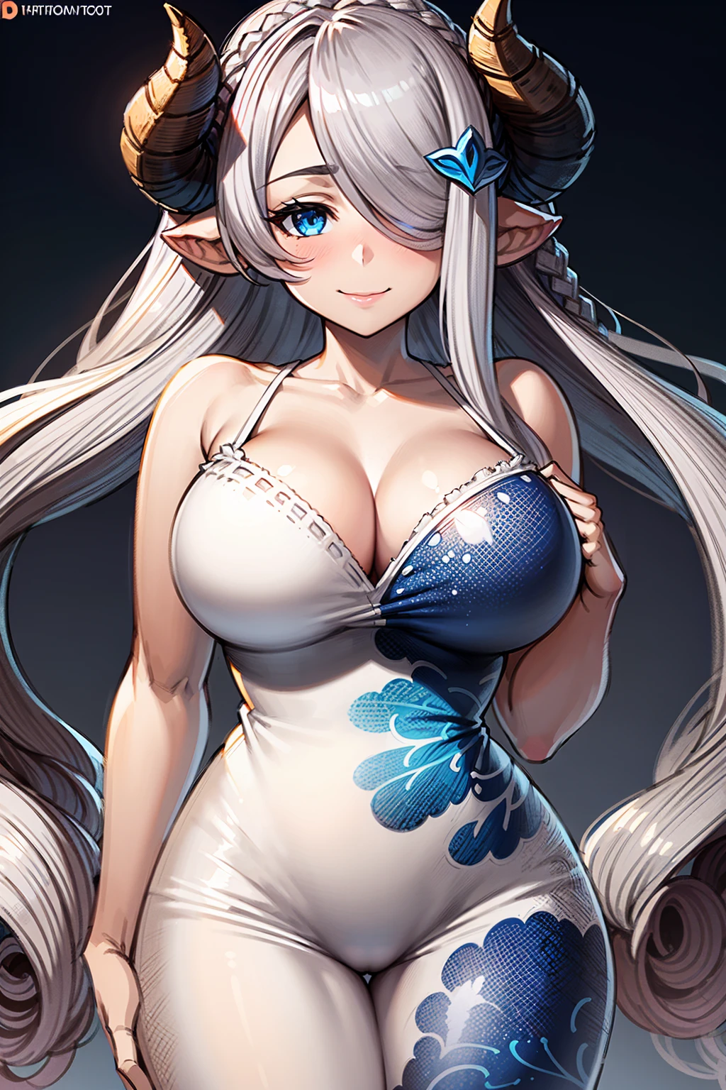 (((1 woman))), ((detailed blue eyes)), ((long silver hair)), large breasts, perfectly drawn body, narmaya, seductive smile, white nightgown, best quality, masterpiece, ultra-detailed