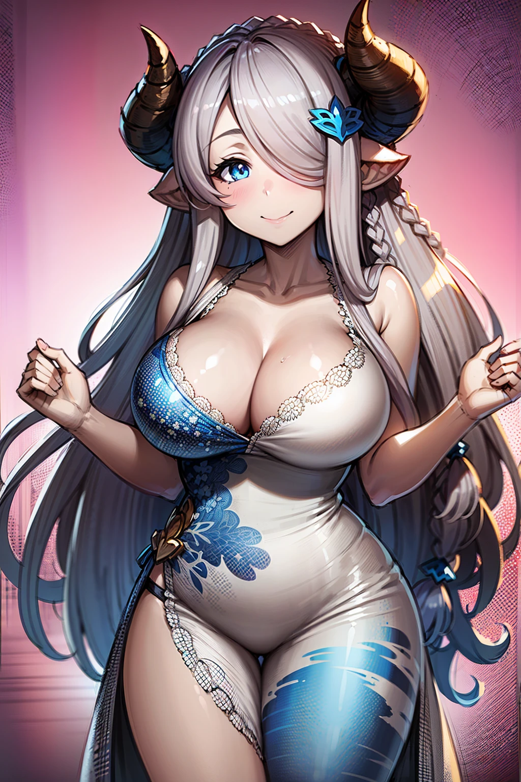 (((1 woman))), ((detailed blue eyes)), ((long silver hair)), large breasts, perfectly drawn body, narmaya, seductive smile, white nightgown, best quality, masterpiece, ultra-detailed