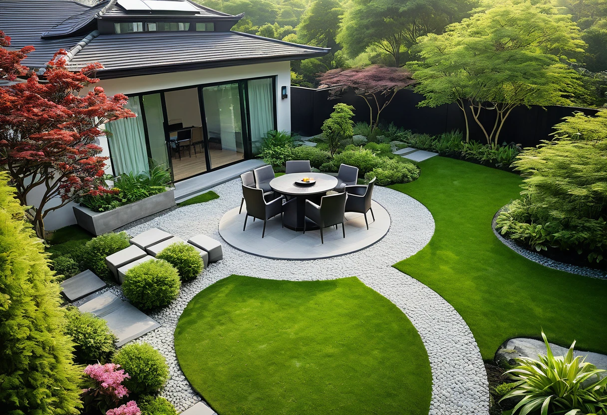 An aerial view of a beautifully designed modern European garden with a hint of Asian influence, featuring a sleek gazebo with a contemporary roof design, surrounded by lush green lawns, small grassy hills, and vibrant flowers. Shot with a high-quality DSLR camera, the smooth stone pathway winds through the garden, leading to a spacious BBQ area with a stylish grill and modern outdoor dining furniture. The pathway also leads to a sleek, modern gazebo with minimalist chairs and a table. The garden includes multiple grassy areas, small mounds forming gentle hills, a serene pond with a waterfall cascading over a hòn non bộ rock formation, and small clear ponds, incorporating Asian-inspired plants that add tranquility to the setting. Soft, ambient lighting enhances the cozy atmosphere. Shallow depth of field, focused foreground, bokeh background. ((8k)), high quality detail, harmonious and inviting garden.