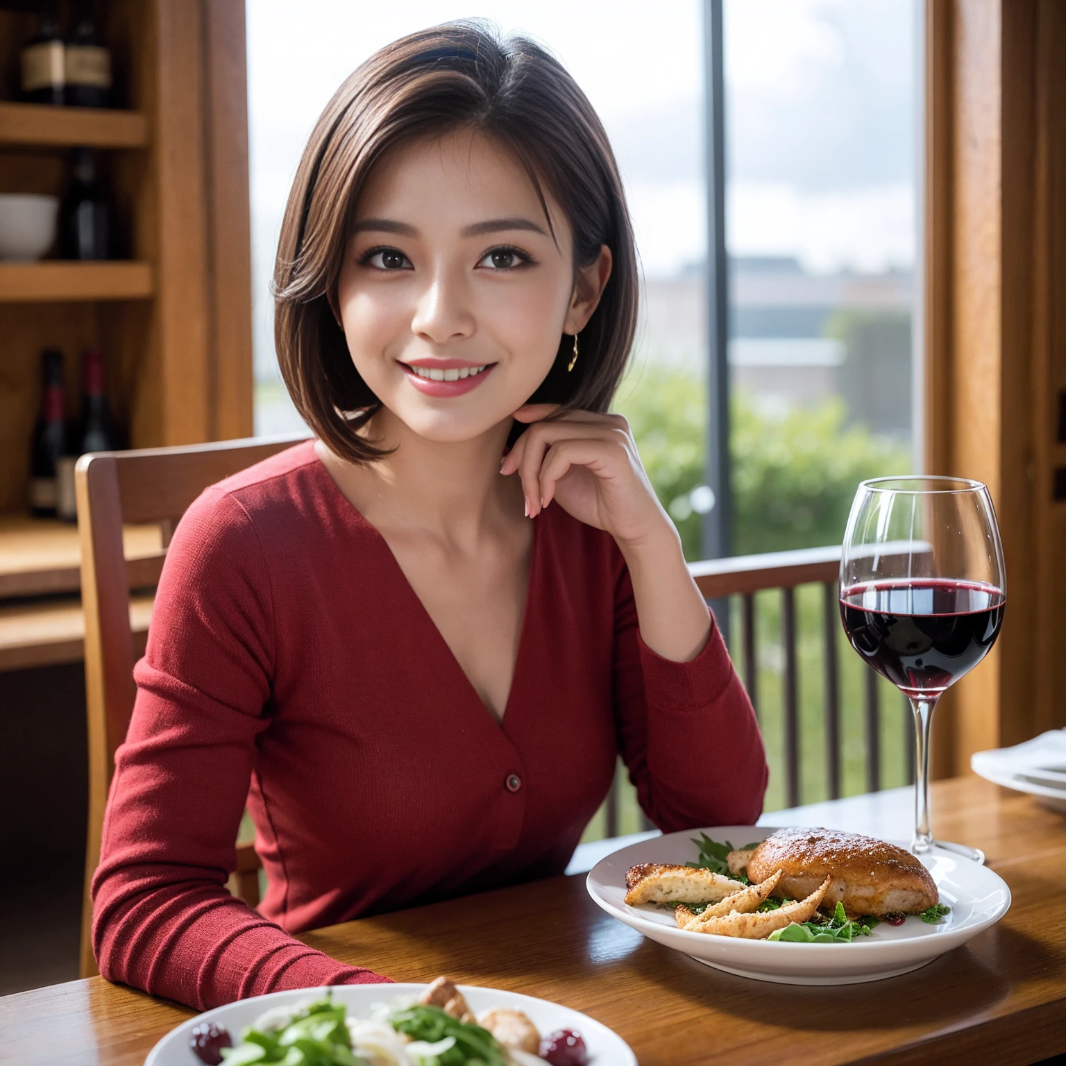 ((Highest quality、8K、masterpiece:1.3))、slimカップル、modelカップル、(Realistic, Intricate details:1.2), full-course dinner、Wine Party、Amazing view of the sunset sky and clouds、A bright smile、The wonderfulness of smile、Bright image、The beauty of wine, Beautiful Face, blue eyes, The light shines on your face, Blushing, short hair,Bright Face、 (Age 37), 39 years old, red wine 、Appetizers、Italian food、Wine bottle、Champagne、sparkling wine、Two beauties、Brown Hair、Shortcuts、Long sleeve shirt、dress、Beautiful woman 1, (slimな顔), (The body is slim), (Brown Hair), (Shortcuts), cheeks turn a little red,Attractive beauty、restaurant, In a prominent place (From the waist up) Nova Frog Style, actress, model, Upper Body, White wine, slim, wine glass, 中央に置かれたwine glass, smile, (smile: 1.15), Beautiful fine grain, Depth f/2,saturation, High Contrast, Strong light and shadow,Moist Body:1.5、3D texture、Delicate eyes、Brown Hair、The hair is very shiny、