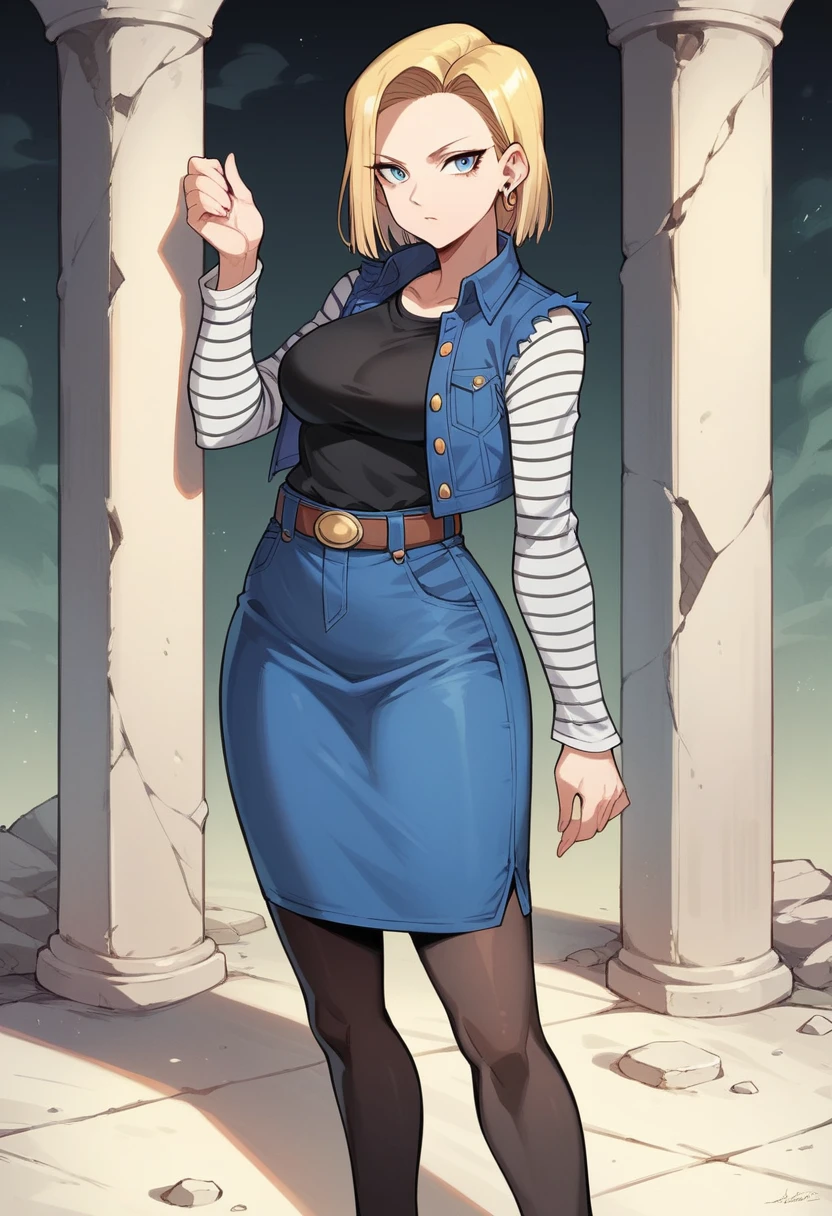 best quality, high resolution, E18, 1 girl, Android 18, standing alone, hair blonde, blue colored eyes, waist belt, blue demin bodycon micro skirt, gold collar, black jersey, shorth hair, long sleeves, white striped sleeves, earrings, open vest, blue denim vest, breasts big, cowboy shot, forst, ever forward, (climate: windy), Combat posture, full length pantyhose, Battle ruins, Broad Hips, sorriso tshy,(((hot in various positions))).
