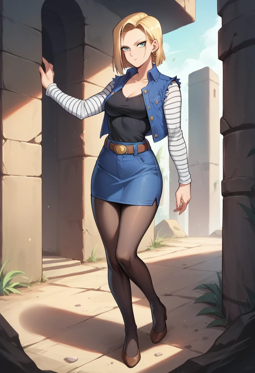 best quality, high resolution, E18, 1 girl, Android 18, standing alone, hair blonde, blue colored eyes, waist belt, blue demin bodycon micro skirt, gold collar, black jersey, shorth hair, long sleeves, white striped sleeves, earrings, open vest, blue denim vest, breasts big, cowboy shot, forst, ever forward, (climate: windy), Combat posture, full length pantyhose, Battle ruins, Broad Hips, sorriso tshy,(((hot in various positions))). 
