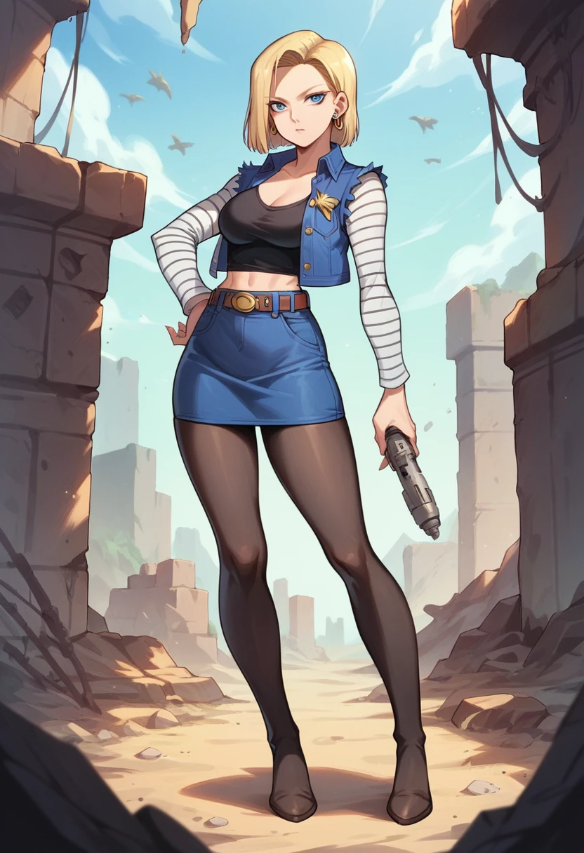 best quality, high resolution, E18, 1 girl, Android 18, standing alone, hair blonde, blue colored eyes, waist belt, blue demin bodycon micro skirt, gold collar, black jersey, shorth hair, long sleeves, white striped sleeves, earrings, open vest, blue denim vest, breasts big, cowboy shot, forst, ever forward, (climate: windy), Combat posture, full length pantyhose, Battle ruins, Broad Hips, sorriso tshy,(((hot in various positions))). 