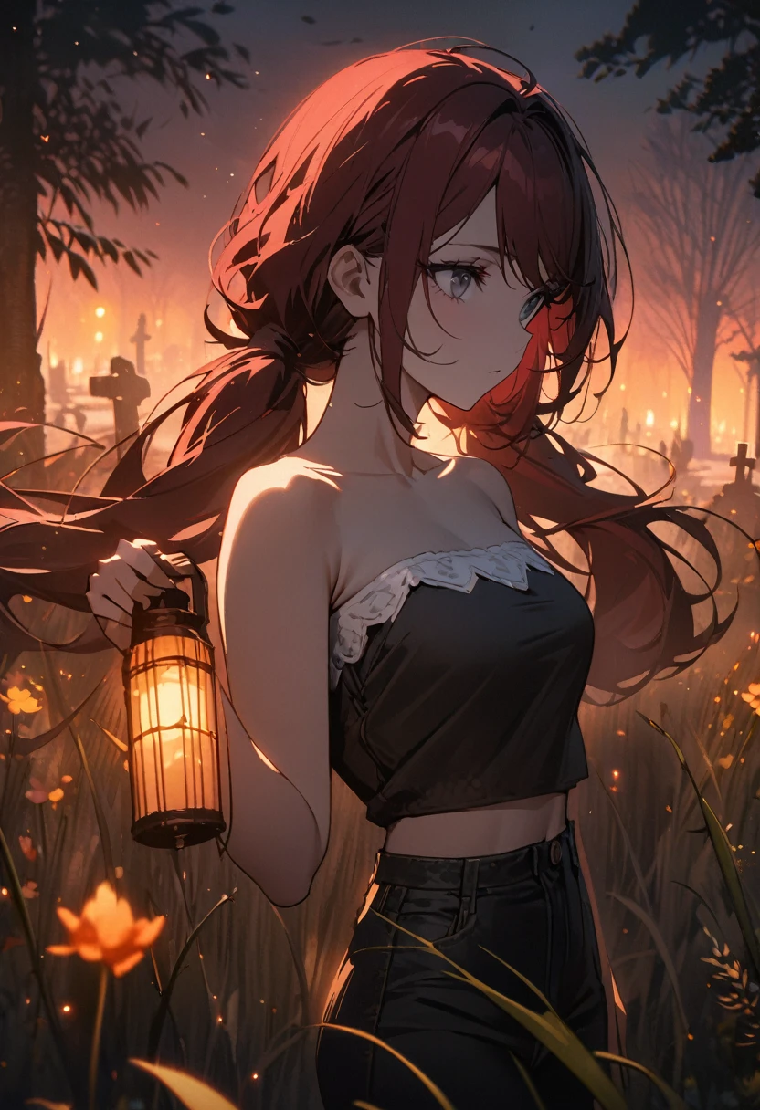 (masterpiece:1.2, Best Quality), (finely detailed beautiful eye: 1.2), (beautiful detailed face), High contrast, (Best Illumination, extremely delicate and beautiful), ((Cinematic Light)), graveyard sequestered in a swamp, tombstones, tall weeds, colorful flowers, willow trees, dusk, lamp post, Highest Quality, masterpiece, light particles, close up of young woman holding up lantern, looking to the side, gray eyes, dark red hair in low twin tails, swept bangs, stoic, strapless gray tank top with white trim, black jeans, dusk, dark atmosphere, slate colors, light particles, highest quality, masterpiece