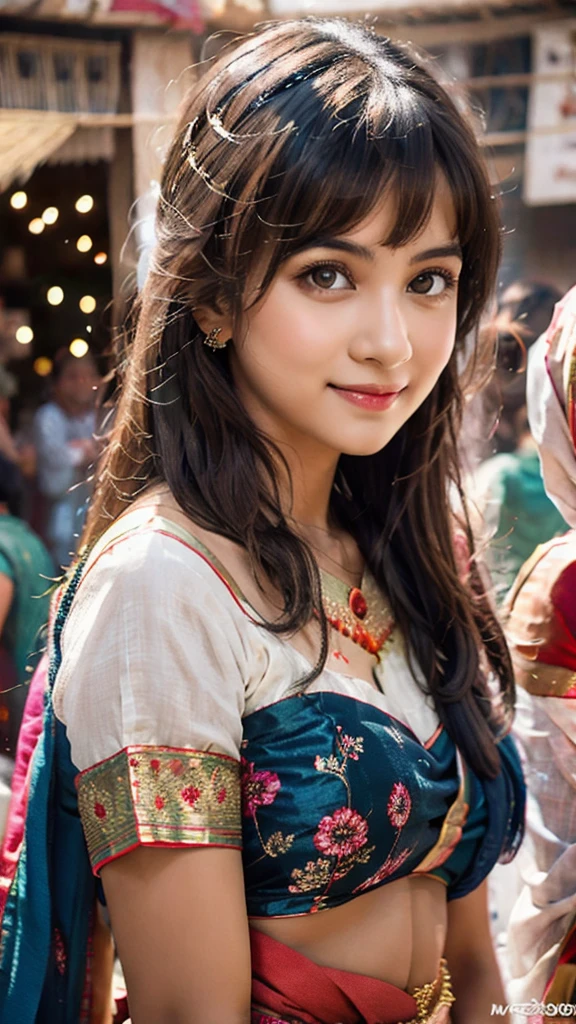 masterpiece, centered, ung Indian woman with a cute and radiant face, featuring exquisitely detailed eyes, expressing a mix of shyness and joy, dressed in vibrant traditional Indian attire. She has a slim figure and medium-sized breasts. Generate an 8k image, risbeauty indian,