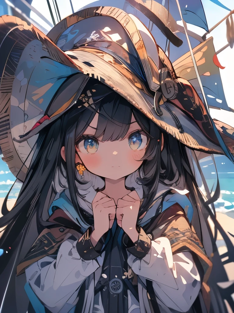 masterpiece、girl、Black Hair、Sparkling eyes、Ocean賊の服、(((Wear a tricorn hat)))、Serious face、Ocean、On the boat、Upper Body