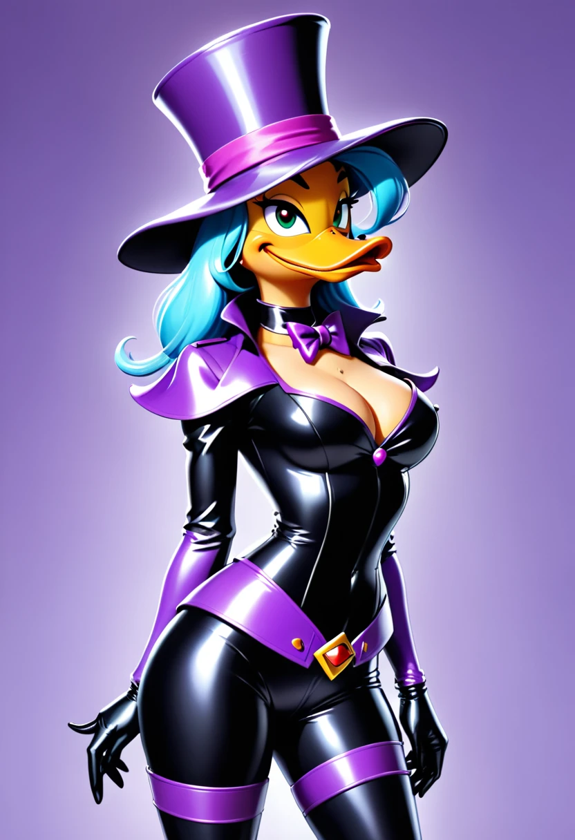 beautiful busty darkwing duck woman latex duck suit top hat suit