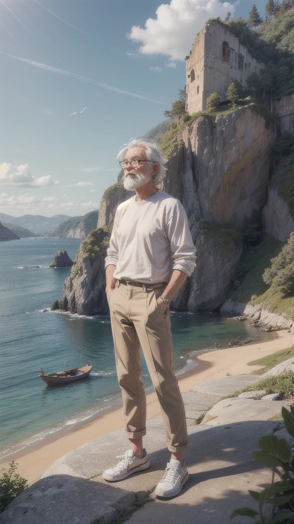 Create a high-quality anime-style image featuring an elderly man standing on a rocky cliff by the sea. The man has white hair, a beard, and is wearing round glasses. He is dressed in a white shirt, beige pants rolled up at the ankles, and white sneakers. His posture is relaxed, with his hands in his pockets, gazing thoughtfully into the distance.

The background consists of a clear blue sky filled with fluffy, white clouds. Below the cliff, there is a calm sea with boats and a small coastal village nestled at the foot of green, mountainous terrain. The scene captures a peaceful, reflective moment, with vibrant colors and detailed shading to emphasize the tranquil and contemplative atmosphere.