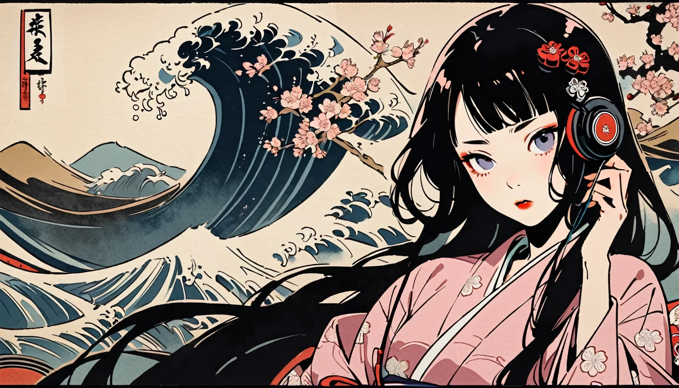 Highest quality, Katsushika Hokusai, Ink Painting, (((very straight longhair))), (((cherry blossoms))), (((Pale pink yukata))), headphone, beautiful girl, Black Hair, Delicate and precise, Modern ukiyo-e style, Horror elements