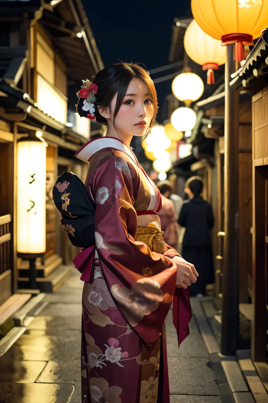 Oiran、 gorgeous、 Kyoto、 Flashy kimono、 Collapsed、 Fancy hair accessories、 geisha、 Maiko、 A stunning Oiran (traditional high-ranking courtesan) standing gracefully in the streets of old Kyoto, Japan. She is adorned in an exquisite, vibrant kimono with intricate patterns, and her hair is styled elaborately with ornate hairpins and accessories. The backdrop features traditional wooden machiya houses, paper lanterns, and cobblestone streets. The scene is set during twilight, with soft, warm lighting illuminating the surroundings. There is a sense of elegance and historical charm in the air, capturing the essence of ancient Kyoto.
