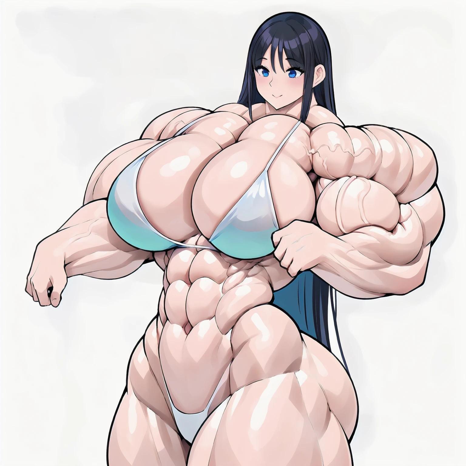 (Best Writing), (Super intricately detailed), 4K unification, (Ultra-detailed CG: 1.2) , (8K: 1.2), (original), (masterpiece), (Highest quality), (masterpiece:1.4), (((High quality anime-like))), (masterpiece), masterpiece, Ultra-clear image quality, Clearer than the movies, (Detailed face), Highest quality, Absurd, ((Masterpiece, 4K, 8K, yes, High resolution)), ((((1girl)))), Perfect figure, ((Clear blue sky, Seaside white sand background, Beautiful blue sea, vacation, Bold white bikini swimsuit, barefoot)), (恥ずかしがるgirl, Bold Pose), (Unrealistic super muscular bodybuilder:1.5), (Extremely large biceps:1.5), (huge muscular arms:1.5), (girl), ((Long black hair, Big Eyes, White skin, Mother Smiles, Baby Face)), (極端にWhite skin: 1.25), (Very shiny skin: 1.0), (HyperMuscle: 1.0), (BrutalMass: 1.0), (Extremely wide shoulders: 1.5), (Extremely thin waist:1.5), (extremely wide hip: 1.0), (extremely long legs: 1.5), Extremely tall, Unrealistic giant, very thick neck, (Extremely huge breasts:1.5), gigantic breasts, (((Cleavage))), (((((Taut breasts, full round breasts))))),