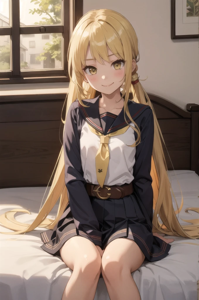 (masterpiece), (Highest quality), (Super detailed), ((Very delicate and beautiful)), One girl, 独奏, Satsuki, Blonde, Cowboy Shot, Black Sailor Suit, White neckerchief, Crescent Pin, (very long hair), smile, Flat Chest, belt, Black Skirt, chestnut mouth, Sitting, on bed, spoken question mark,  indoors, Detailed iris, young, 