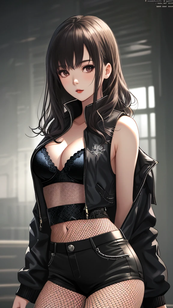 Masterpiece, high res, high Quality, detailed face, detailed body render, 1girl, solo, Kanao Tsuyuri ,Kanao Tsuyuri-sleeveless-outfit, medium breasts, fishnet top, dark lips, jacket,  