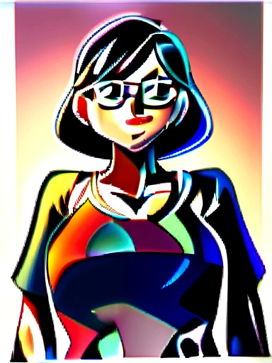 Aunt Cass Hamada from Big Hero 6, grey low-cut t-shirt, jeans, cleavage, kind friendly expression, facing camera, slender build, grey hair and glasses