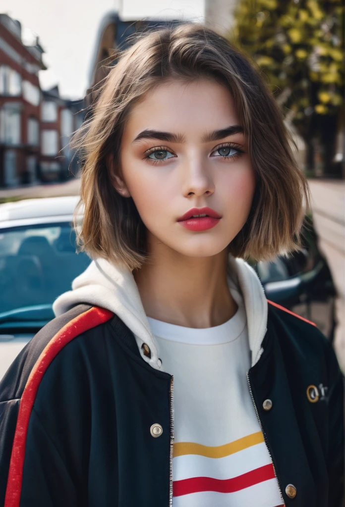 Beautiful , named Sofia, beautiful golden eyes, detailed eyes, MID-HEIGHT bob  haircut, mermeland lips, sexy, detailed face, university jacket, in the background a strawberry, car, parking 