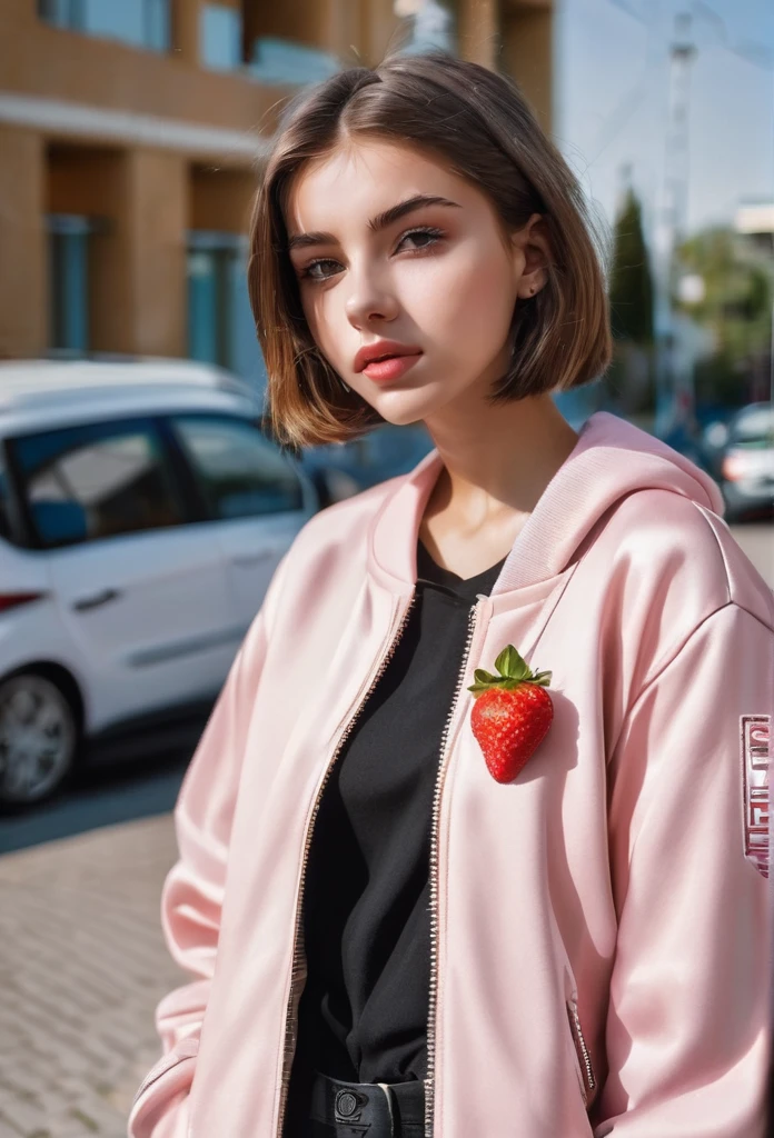 Beautiful 16-year-old girl, named Sofia, beautiful golden eyes, detailed eyes, MID-HEIGHT bob haircut, mermeland lips, sexy, detailed face, university jacket, in the background a strawberry, car, parking