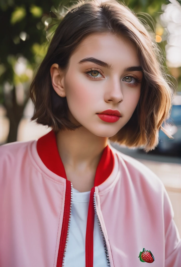 Beautiful 16-year-old girl, named Sofia, beautiful golden eyes, detailed eyes, MID-HEIGHT bob  haircut, mermeland lips, sexy, detailed face, university jacket, in the background a strawberry, car, parking 