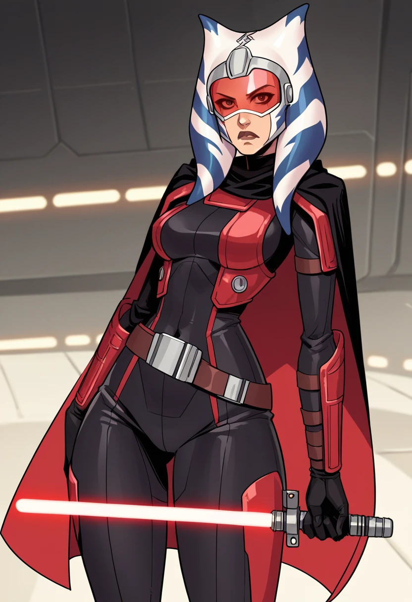 score_9, score_8_up, score_7_up, score_6_up, 2d, rating_questionable, rating_safe,
BREAK
Trilla, helmet with red visor, star wars,
armor,black gloves,tight bodysuit,black cape,black pants,
close up, solo, standing, front view, medium breasts, wide hips, holding lightsaber, double edged, action pose, red blade,
indoors, sith base, science fiction, 