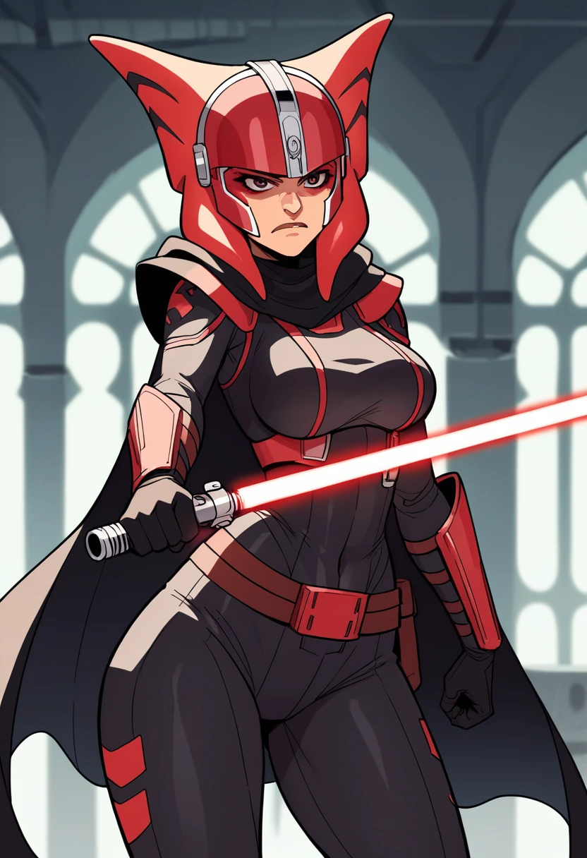 score_9, score_8_up, score_7_up, score_6_up, 2d, rating_questionable, rating_safe,
BREAK
Trilla, helmet with red visor, star wars,
armor,black gloves,tight bodysuit,black cape,black pants,
close up, solo, standing, front view, medium breasts, wide hips, holding lightsaber, double edged, action pose, red blade,
indoors, sith base, science fiction,