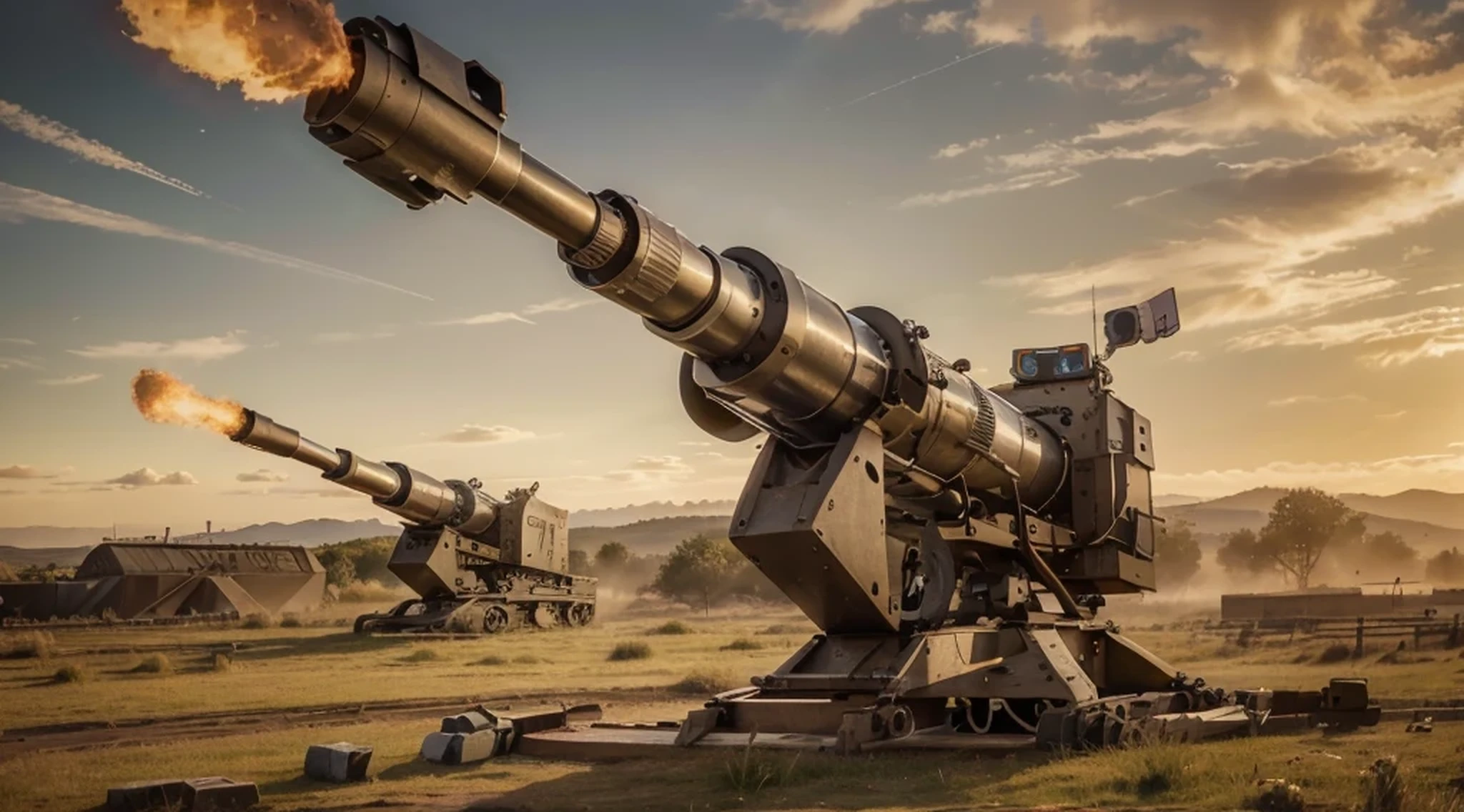 several gigantic huge modern artillery gun stationary defensive firing, is in a grassland in France, 4k, ultra detailed image, Realistic, highly detailed, perfect composition, gorgeous, Intricately detailed, incredibly detailed, 8 k artistic photography, hyper detailed, masterpiece, ultra detailed, hyper Realistic, 4k, ultra detailed image, Realistic, very detailed, perfect composition, gorgeous, Intricately detailed, incredibly detailed, 8 k artistic photography, hyper detailed, masterpiece